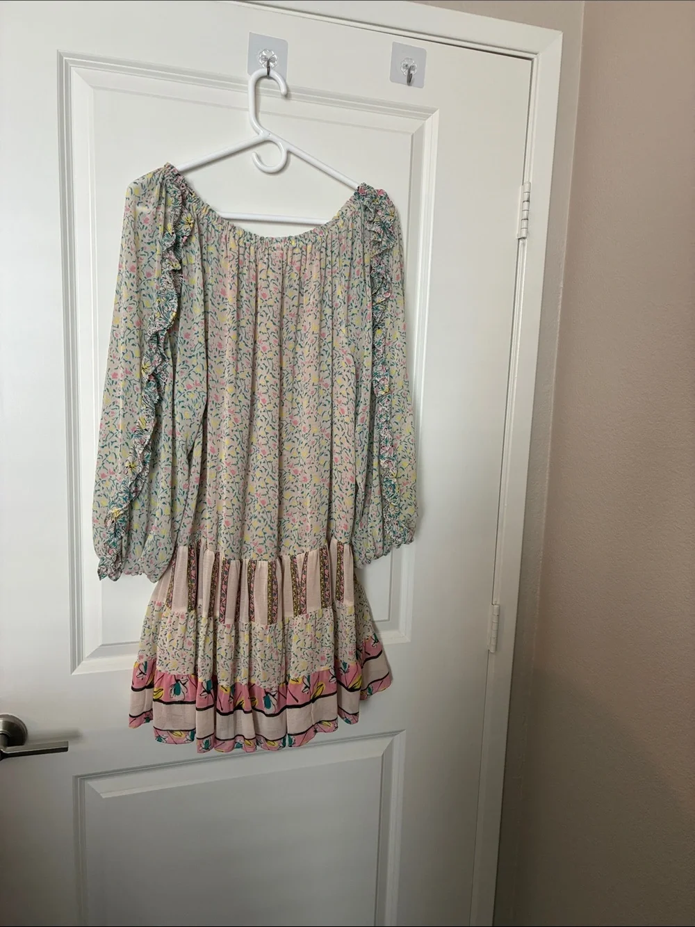 Free People sheer Yellow Pink Tan Floral Off Shoulder Dress